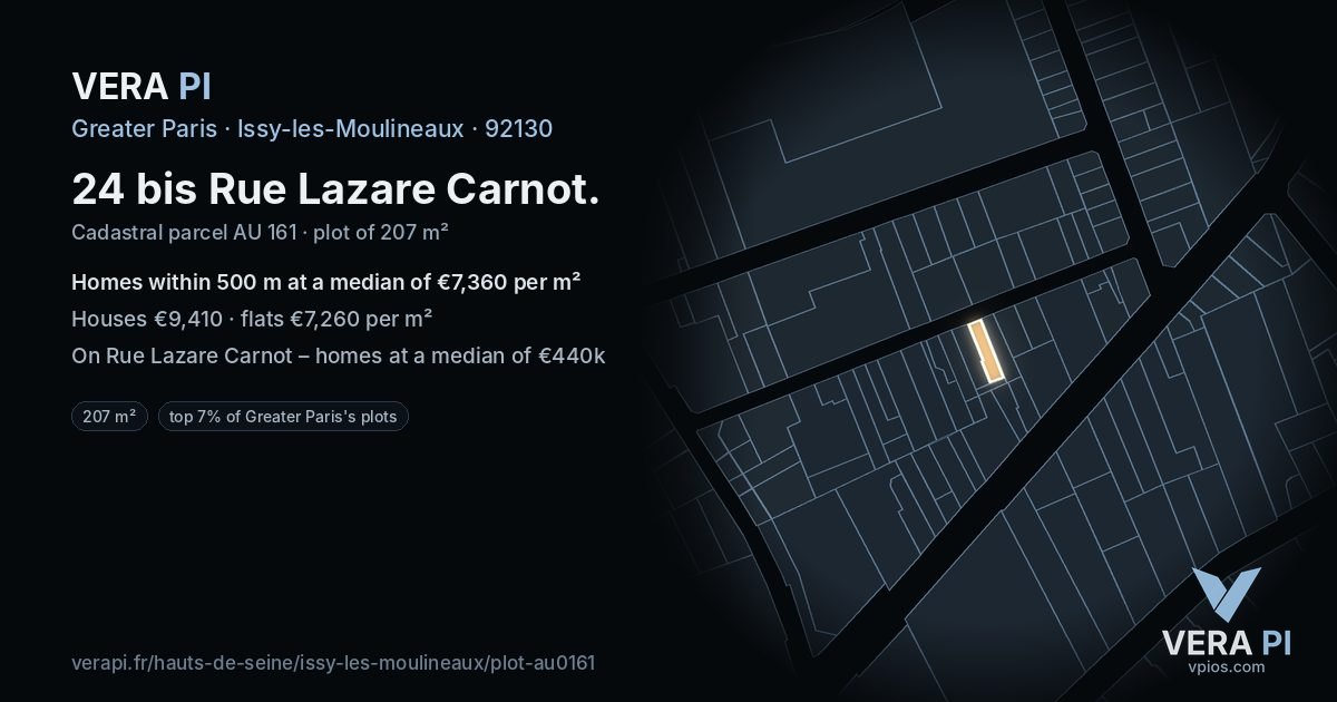 24 bis Rue Lazare Carnot, Issy-les-Moulineaux at night – the plot lit, the parcels around coloured by the prices near them