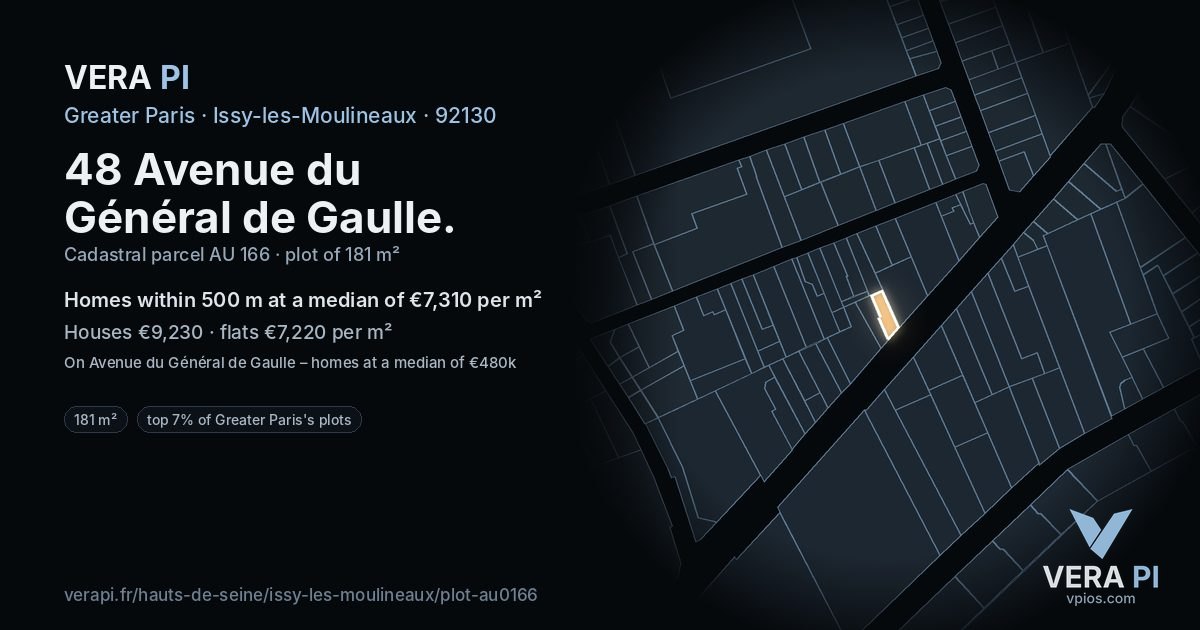 48 Avenue du Général de Gaulle, Issy-les-Moulineaux at night – the plot lit, the parcels around coloured by the prices near them