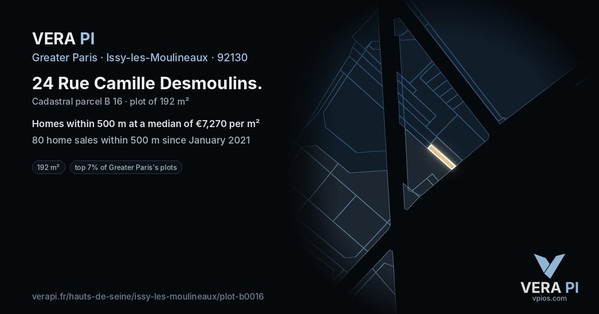 24 Rue Camille Desmoulins, Issy-les-Moulineaux at night – the plot lit, the parcels around coloured by the prices near them