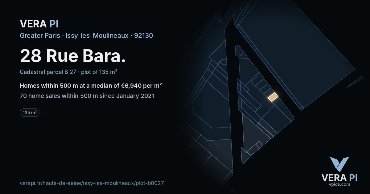 28 Rue Bara, Issy-les-Moulineaux at night – the plot lit, the parcels around coloured by the prices near them