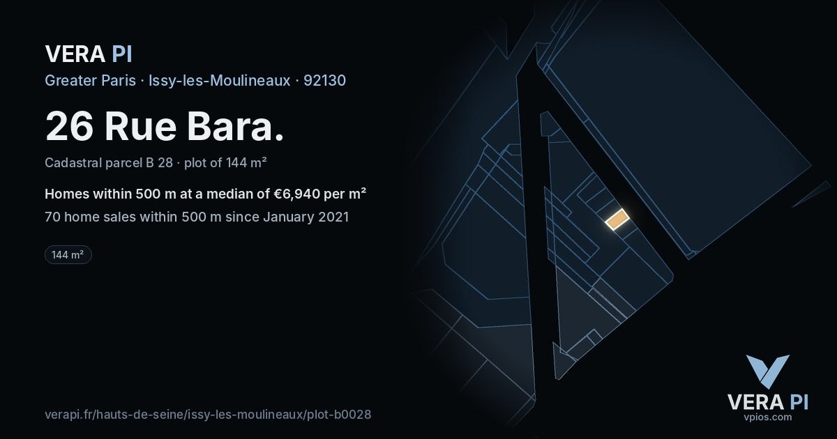 26 Rue Bara, Issy-les-Moulineaux at night – the plot lit, the parcels around coloured by the prices near them