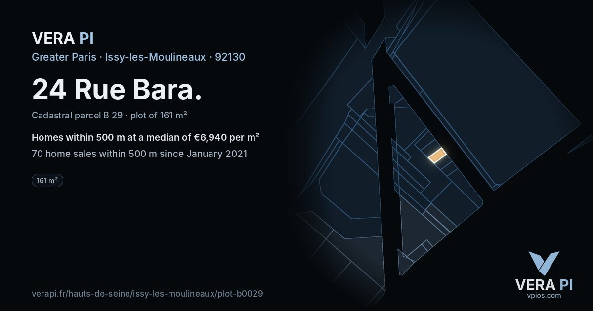 24 Rue Bara, Issy-les-Moulineaux at night – the plot lit, the parcels around coloured by the prices near them