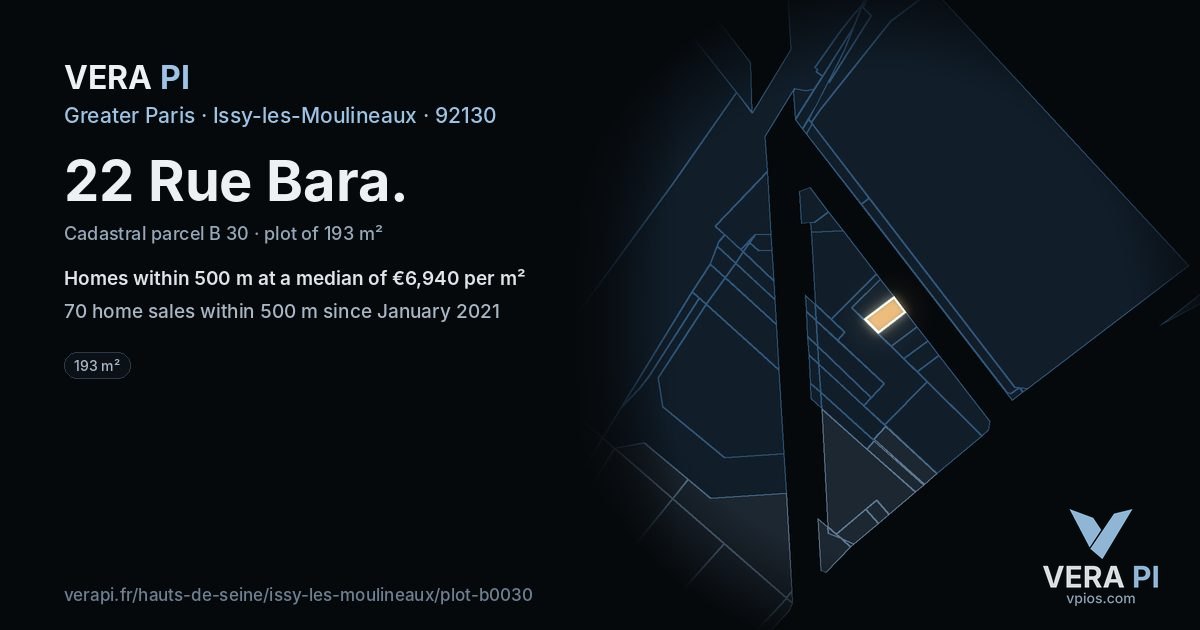 22 Rue Bara, Issy-les-Moulineaux at night – the plot lit, the parcels around coloured by the prices near them