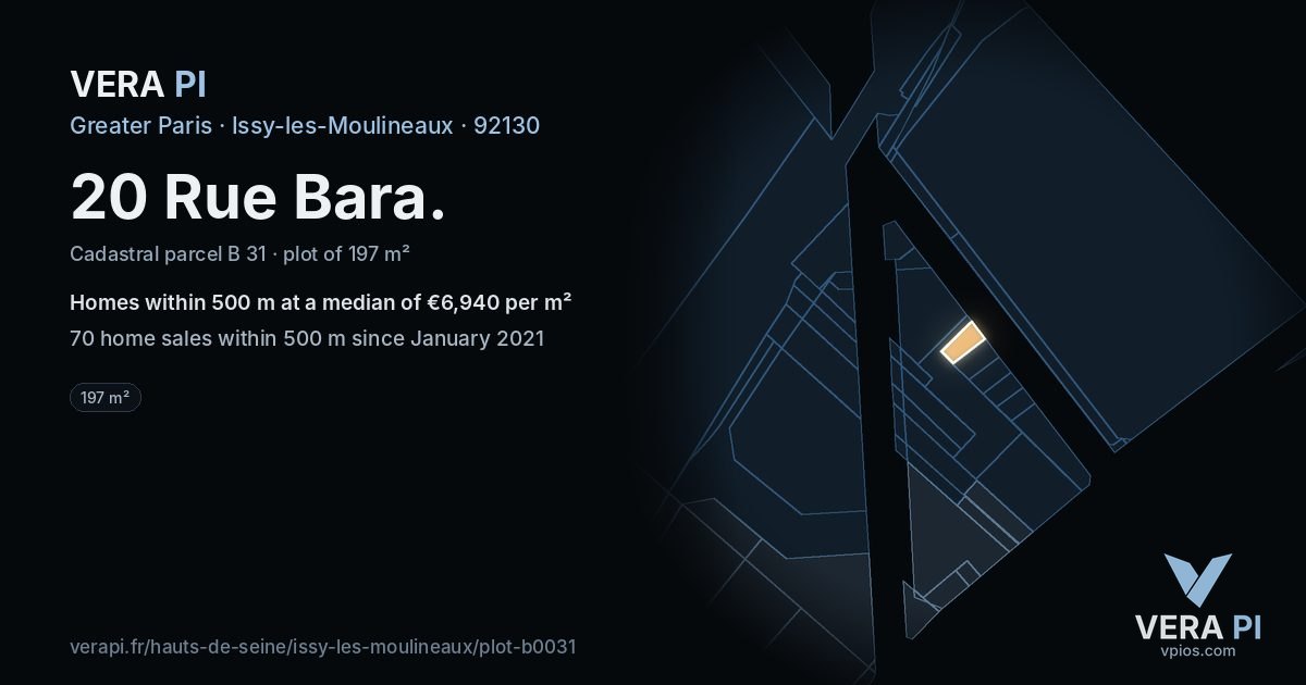 20 Rue Bara, Issy-les-Moulineaux at night – the plot lit, the parcels around coloured by the prices near them