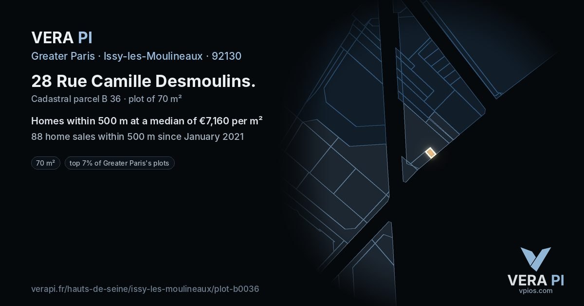 28 Rue Camille Desmoulins, Issy-les-Moulineaux at night – the plot lit, the parcels around coloured by the prices near them