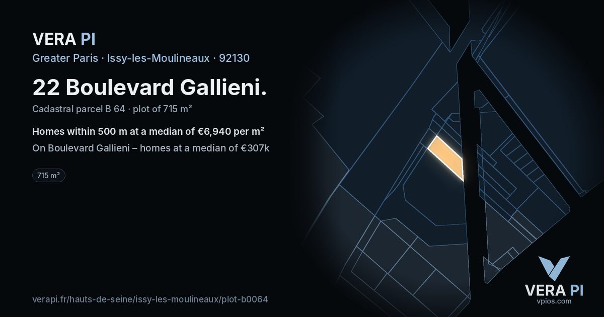 22 Boulevard Gallieni, Issy-les-Moulineaux at night – the plot lit, the parcels around coloured by the prices near them