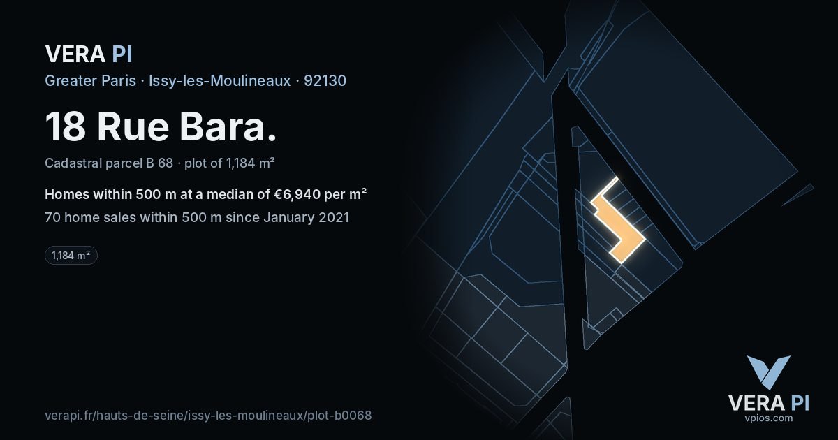 18 Rue Bara, Issy-les-Moulineaux at night – the plot lit, the parcels around coloured by the prices near them