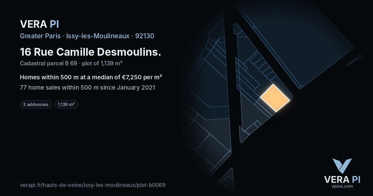 16 Rue Camille Desmoulins, Issy-les-Moulineaux at night – the plot lit, the parcels around coloured by the prices near them