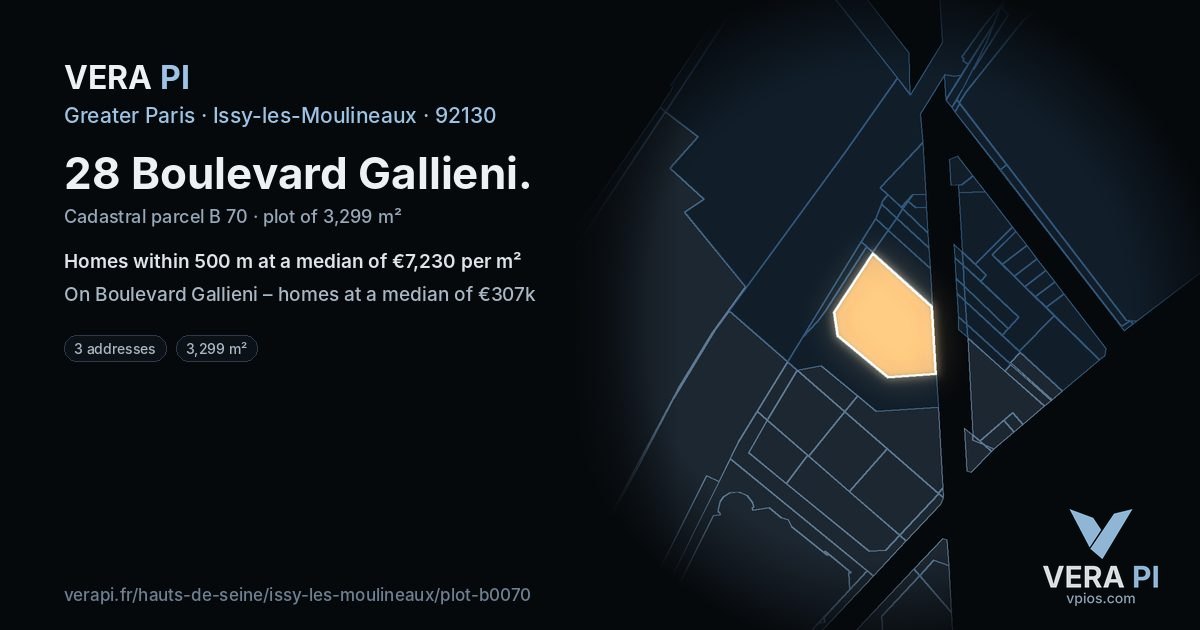 28 Boulevard Gallieni, Issy-les-Moulineaux at night – the plot lit, the parcels around coloured by the prices near them