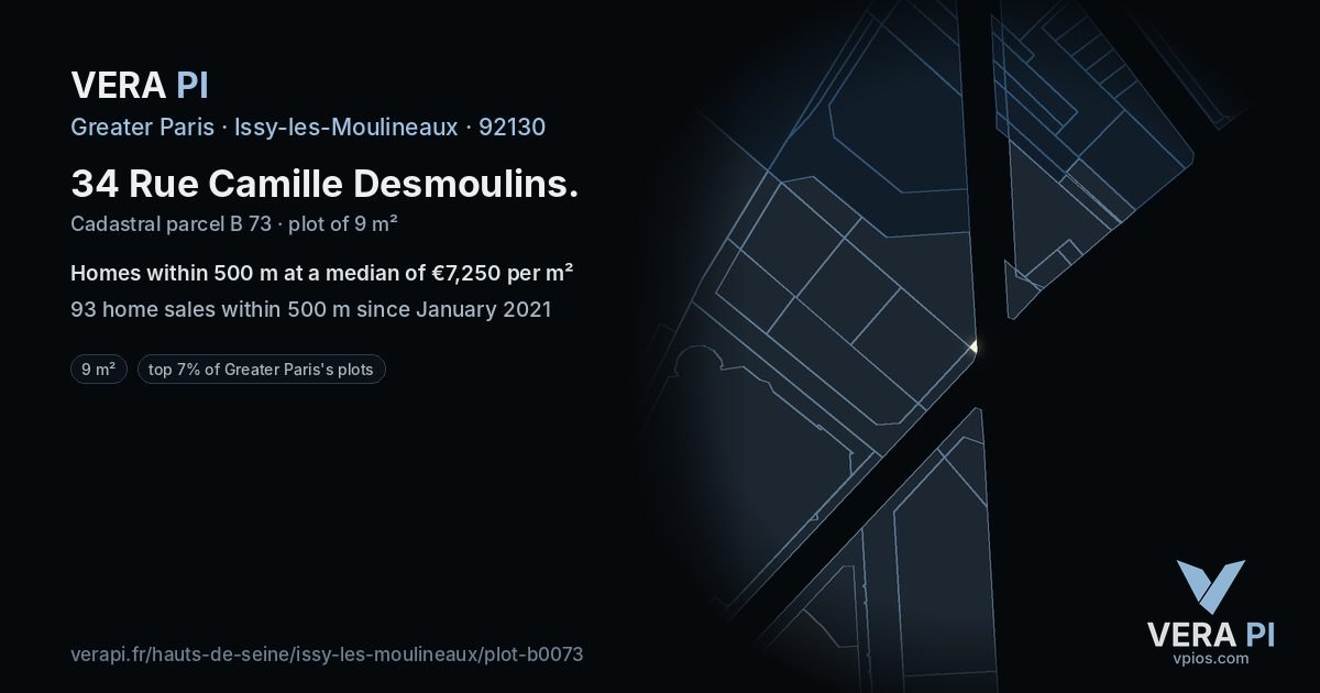 34 Rue Camille Desmoulins, Issy-les-Moulineaux at night – the plot lit, the parcels around coloured by the prices near them