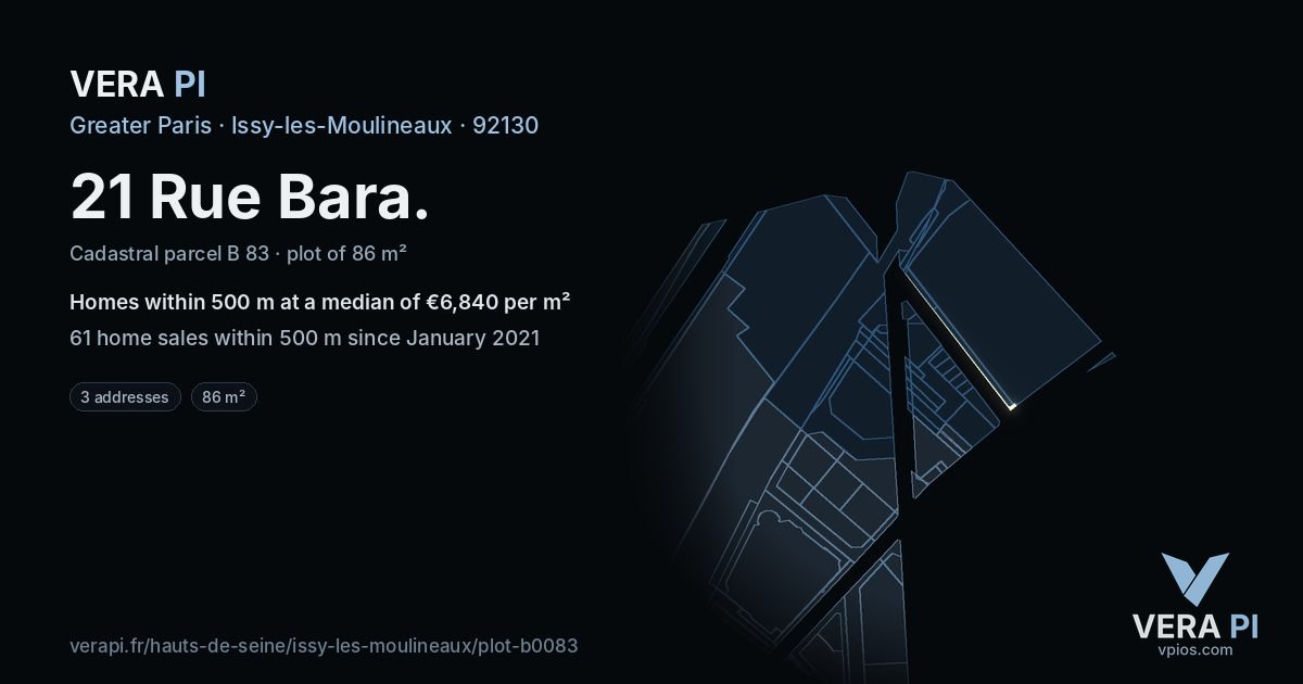21 Rue Bara, Issy-les-Moulineaux at night – the plot lit, the parcels around coloured by the prices near them