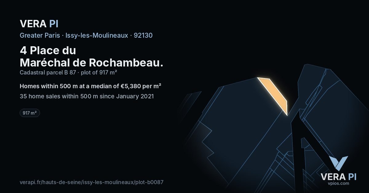 4 Place du Maréchal de Rochambeau, Issy-les-Moulineaux at night – the plot lit, the parcels around coloured by the prices near them