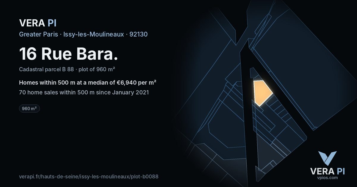 16 Rue Bara, Issy-les-Moulineaux at night – the plot lit, the parcels around coloured by the prices near them