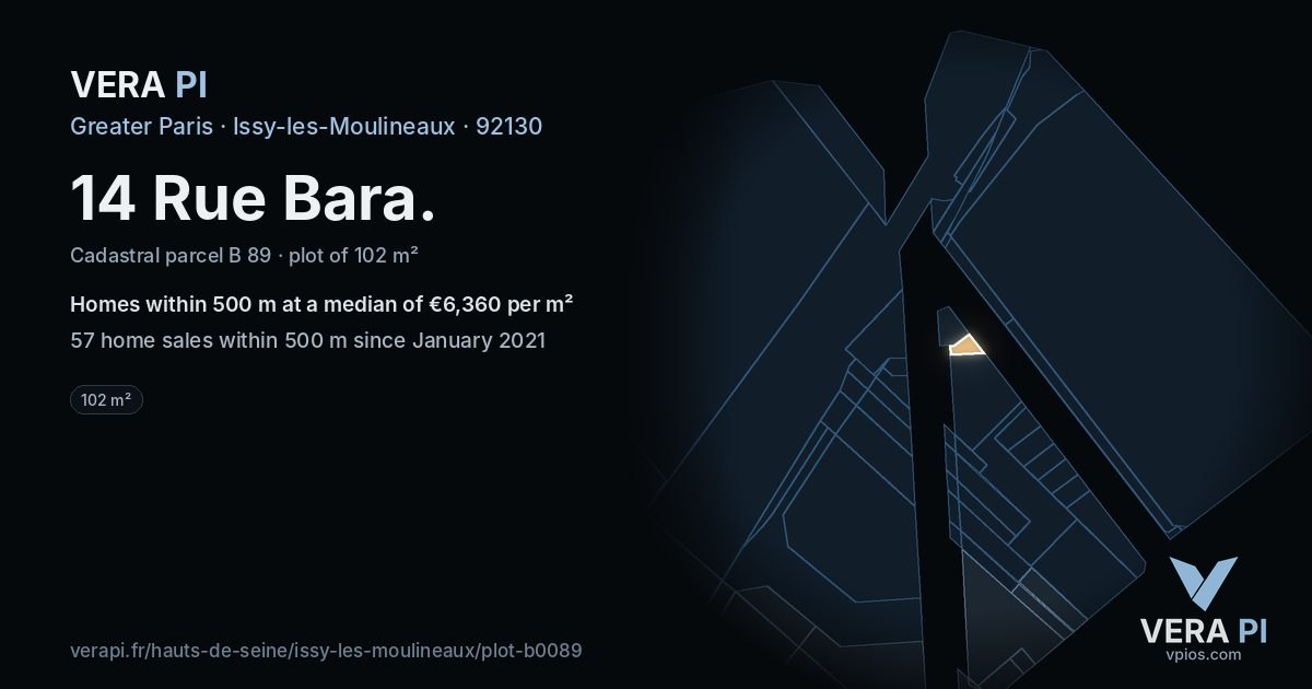 14 Rue Bara, Issy-les-Moulineaux at night – the plot lit, the parcels around coloured by the prices near them