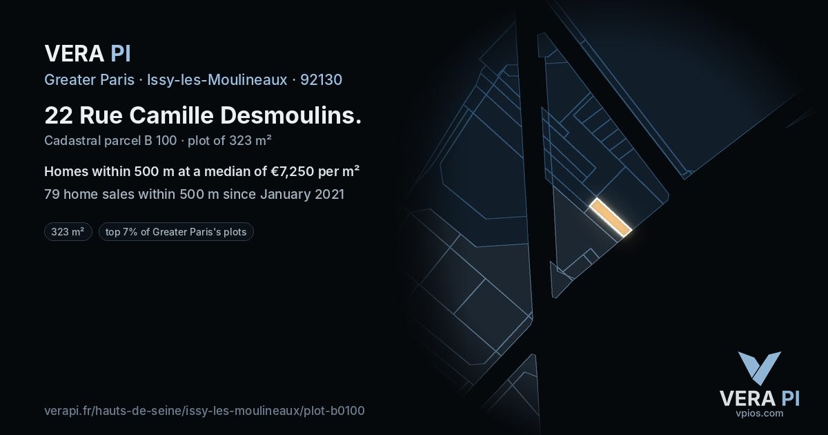 22 Rue Camille Desmoulins, Issy-les-Moulineaux at night – the plot lit, the parcels around coloured by the prices near them