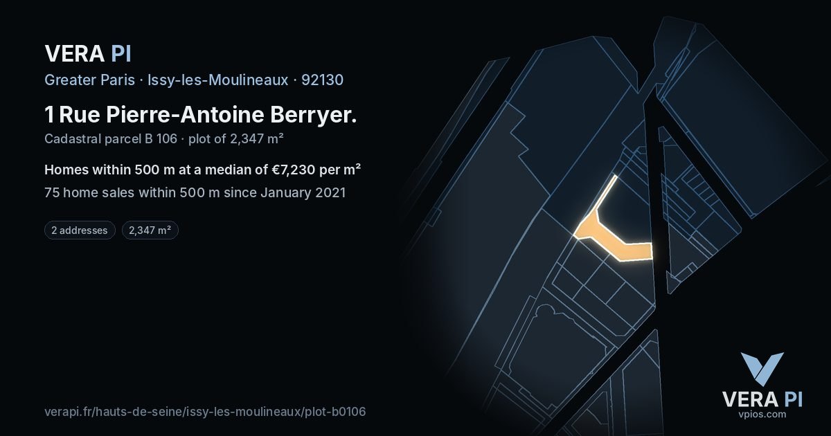 1 Rue Pierre-Antoine Berryer, Issy-les-Moulineaux at night – the plot lit, the parcels around coloured by the prices near them