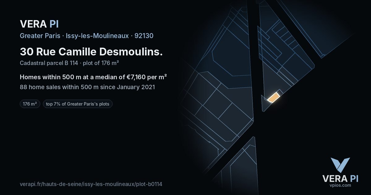 30 Rue Camille Desmoulins, Issy-les-Moulineaux at night – the plot lit, the parcels around coloured by the prices near them