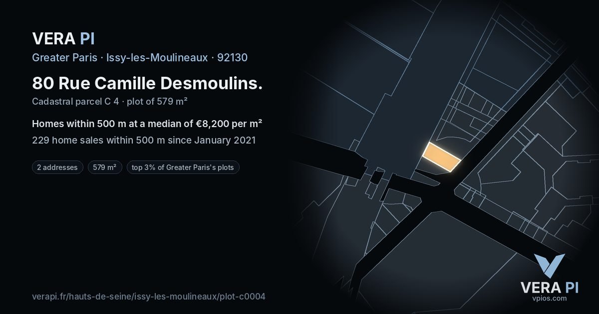 80 Rue Camille Desmoulins, Issy-les-Moulineaux at night – the plot lit, the parcels around coloured by the prices near them