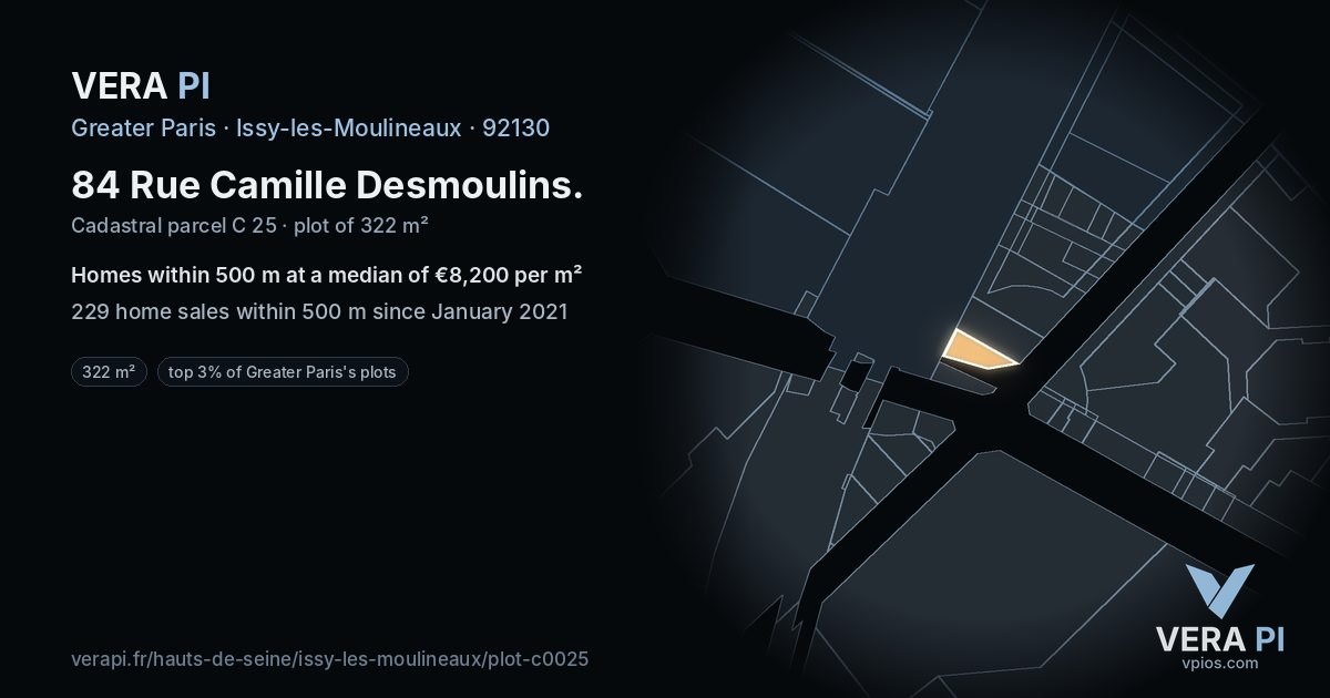 84 Rue Camille Desmoulins, Issy-les-Moulineaux at night – the plot lit, the parcels around coloured by the prices near them