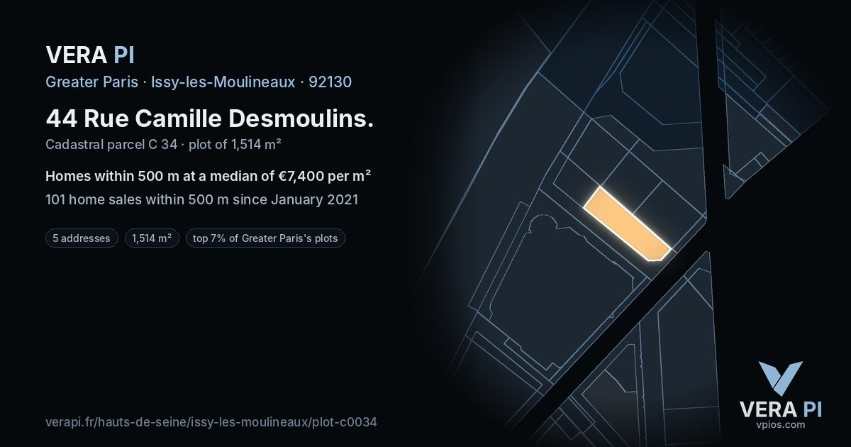 44 Rue Camille Desmoulins, Issy-les-Moulineaux at night – the plot lit, the parcels around coloured by the prices near them