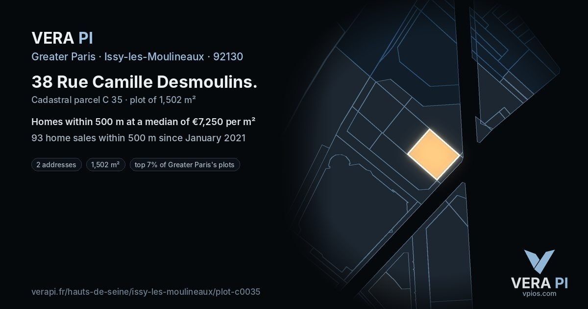 38 Rue Camille Desmoulins, Issy-les-Moulineaux at night – the plot lit, the parcels around coloured by the prices near them