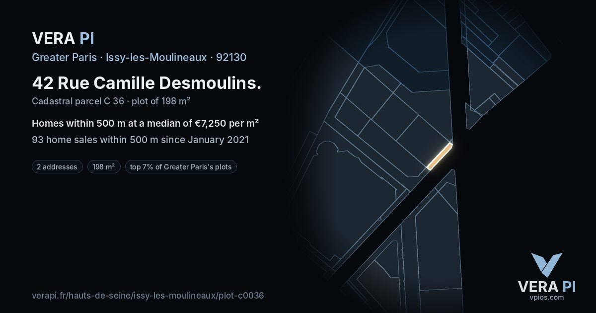 42 Rue Camille Desmoulins, Issy-les-Moulineaux at night – the plot lit, the parcels around coloured by the prices near them