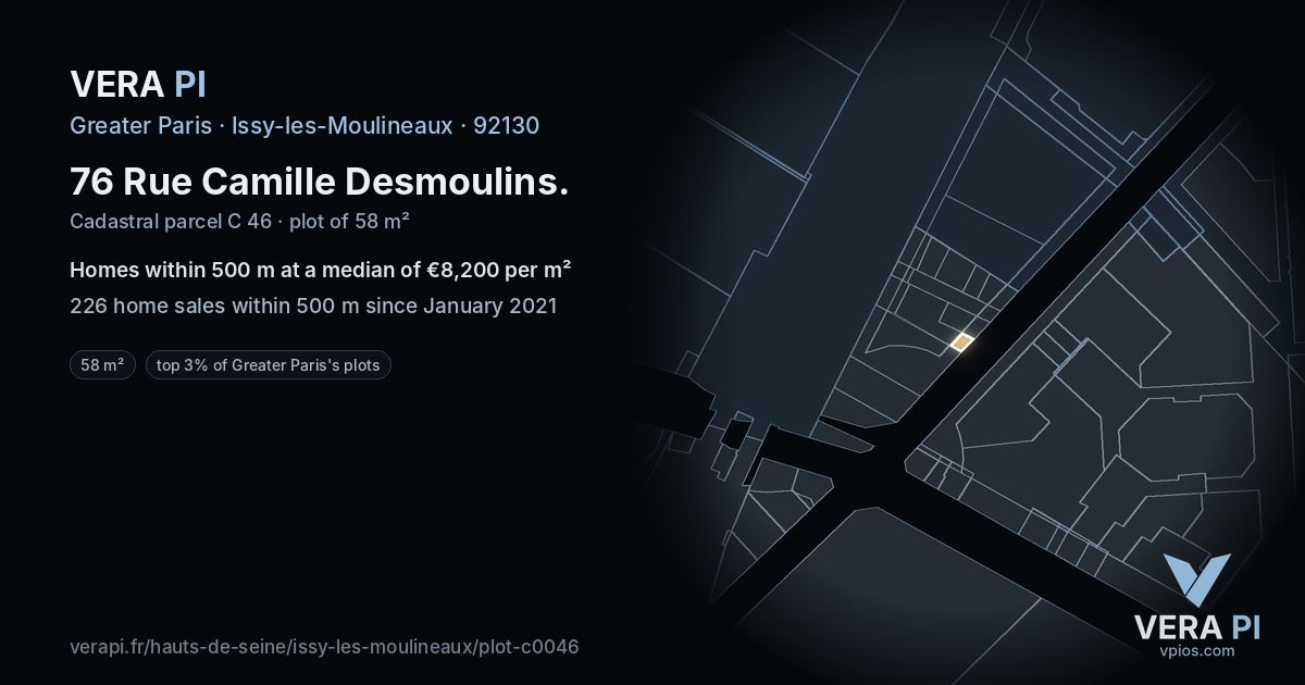 76 Rue Camille Desmoulins, Issy-les-Moulineaux at night – the plot lit, the parcels around coloured by the prices near them