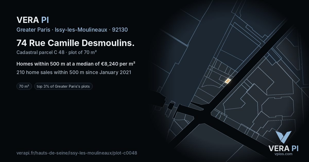 74 Rue Camille Desmoulins, Issy-les-Moulineaux at night – the plot lit, the parcels around coloured by the prices near them