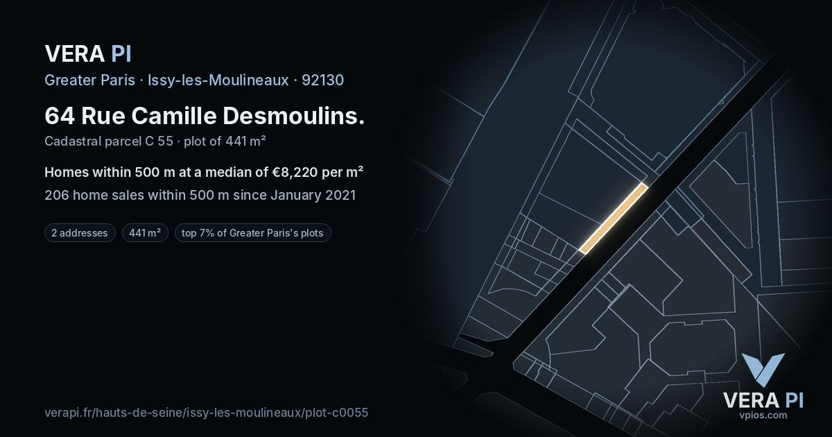64 Rue Camille Desmoulins, Issy-les-Moulineaux at night – the plot lit, the parcels around coloured by the prices near them
