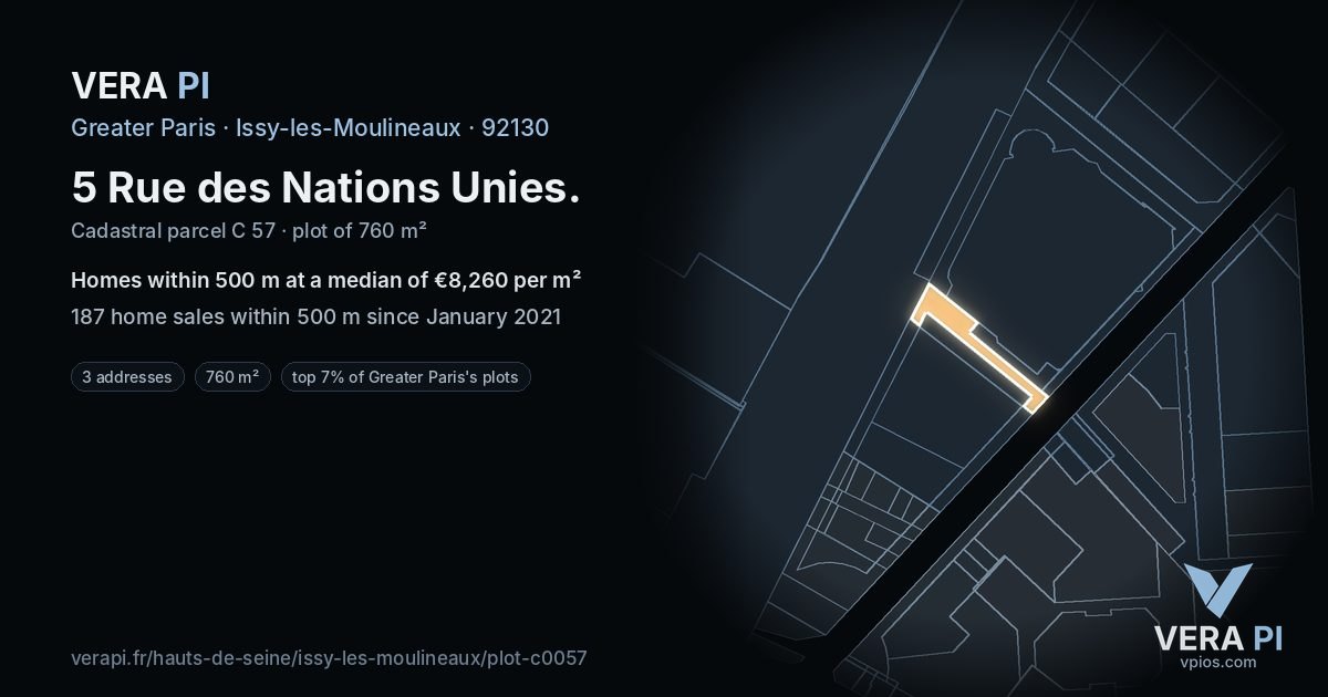 5 Rue des Nations Unies, Issy-les-Moulineaux at night – the plot lit, the parcels around coloured by the prices near them