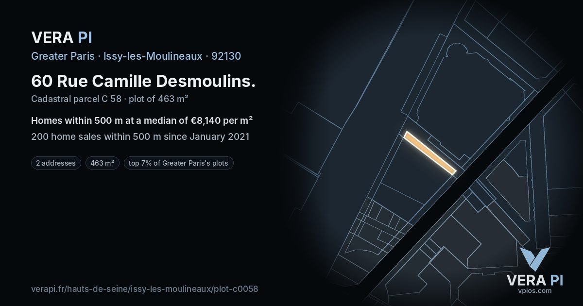 60 Rue Camille Desmoulins, Issy-les-Moulineaux at night – the plot lit, the parcels around coloured by the prices near them