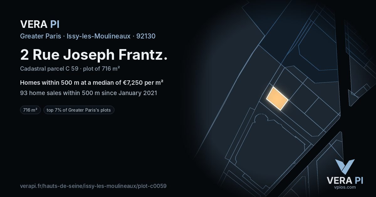 2 Rue Joseph Frantz, Issy-les-Moulineaux at night – the plot lit, the parcels around coloured by the prices near them