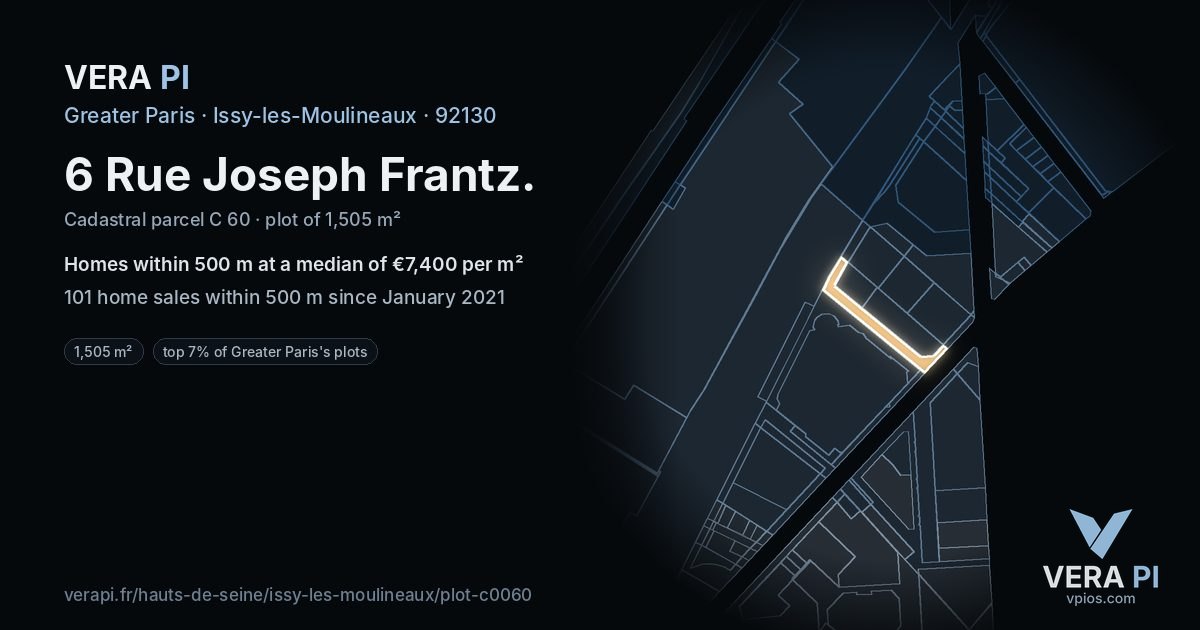 6 Rue Joseph Frantz, Issy-les-Moulineaux at night – the plot lit, the parcels around coloured by the prices near them