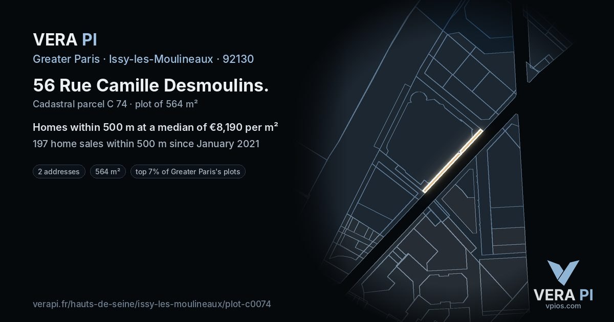56 Rue Camille Desmoulins, Issy-les-Moulineaux at night – the plot lit, the parcels around coloured by the prices near them