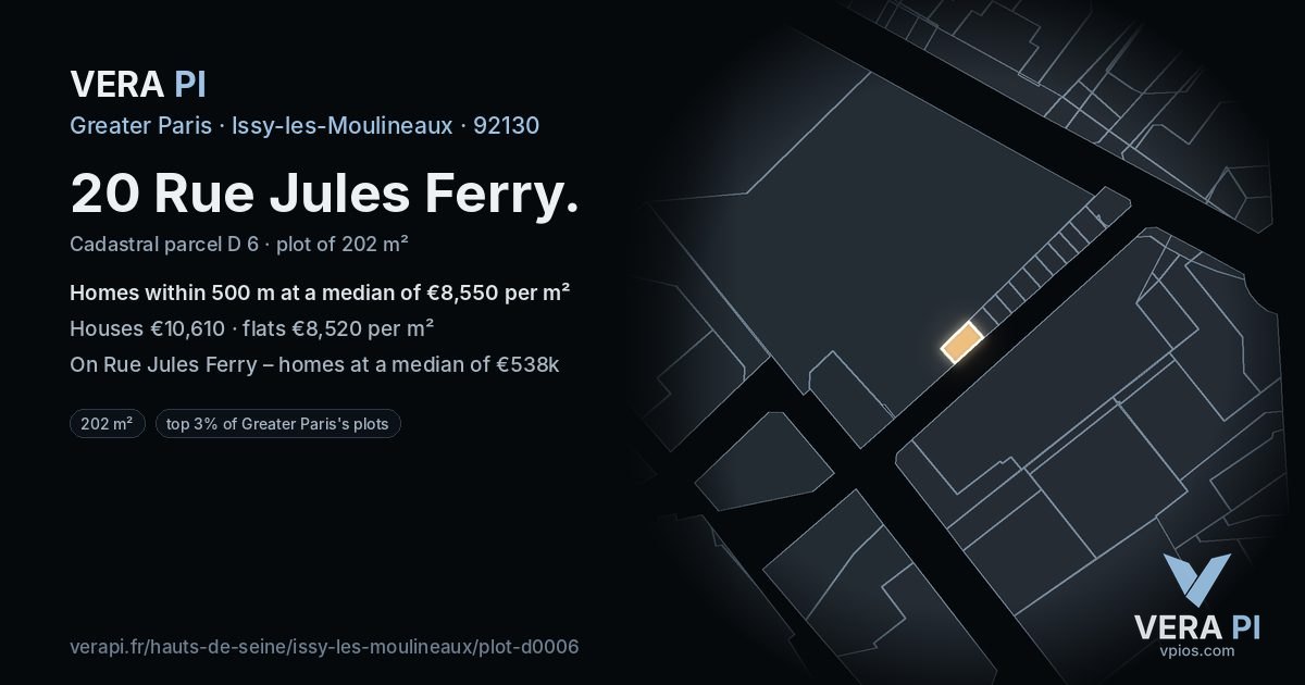20 Rue Jules Ferry, Issy-les-Moulineaux at night – the plot lit, the parcels around coloured by the prices near them