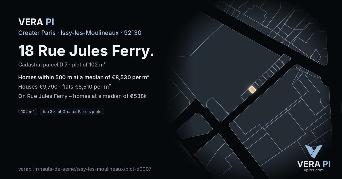 18 Rue Jules Ferry, Issy-les-Moulineaux at night – the plot lit, the parcels around coloured by the prices near them