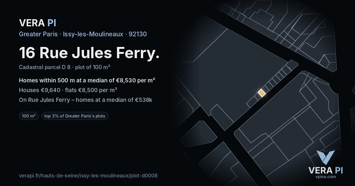 16 Rue Jules Ferry, Issy-les-Moulineaux at night – the plot lit, the parcels around coloured by the prices near them