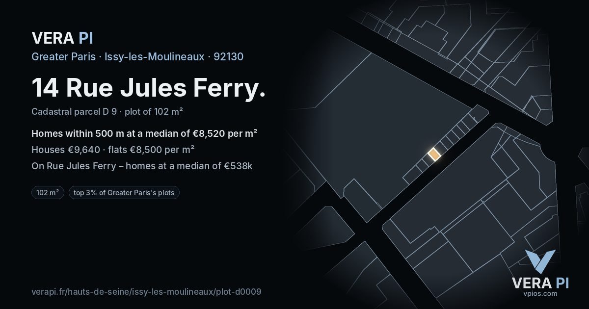 14 Rue Jules Ferry, Issy-les-Moulineaux at night – the plot lit, the parcels around coloured by the prices near them