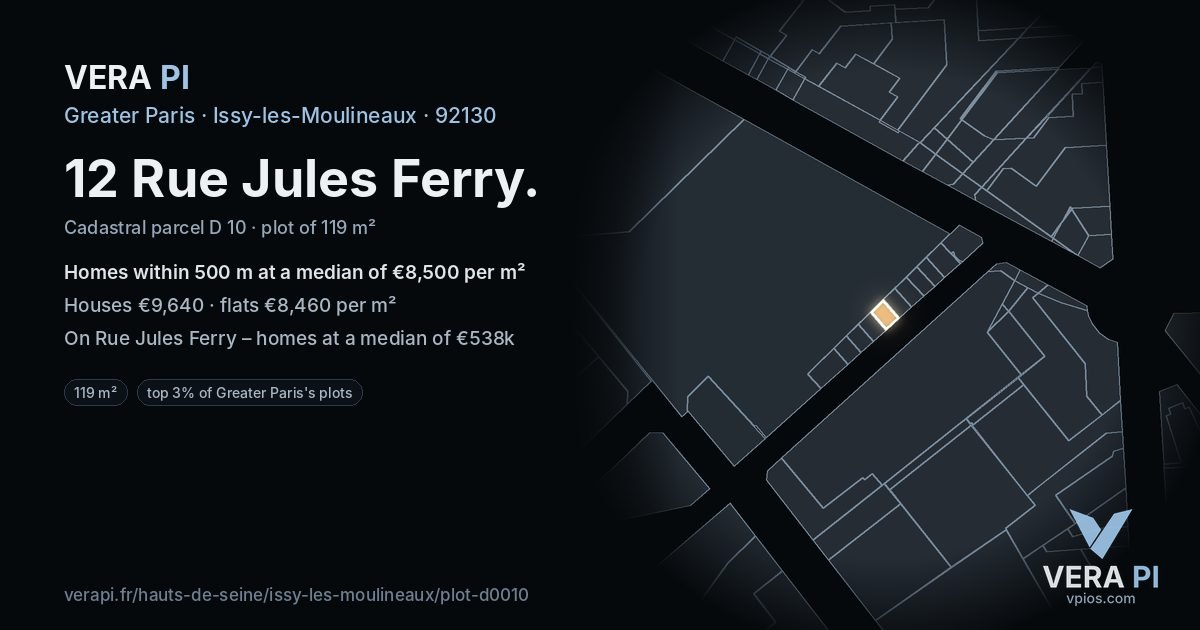 12 Rue Jules Ferry, Issy-les-Moulineaux at night – the plot lit, the parcels around coloured by the prices near them