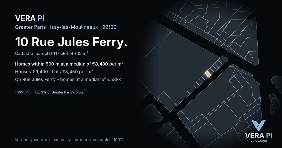 10 Rue Jules Ferry, Issy-les-Moulineaux at night – the plot lit, the parcels around coloured by the prices near them