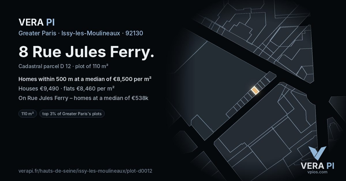 8 Rue Jules Ferry, Issy-les-Moulineaux at night – the plot lit, the parcels around coloured by the prices near them
