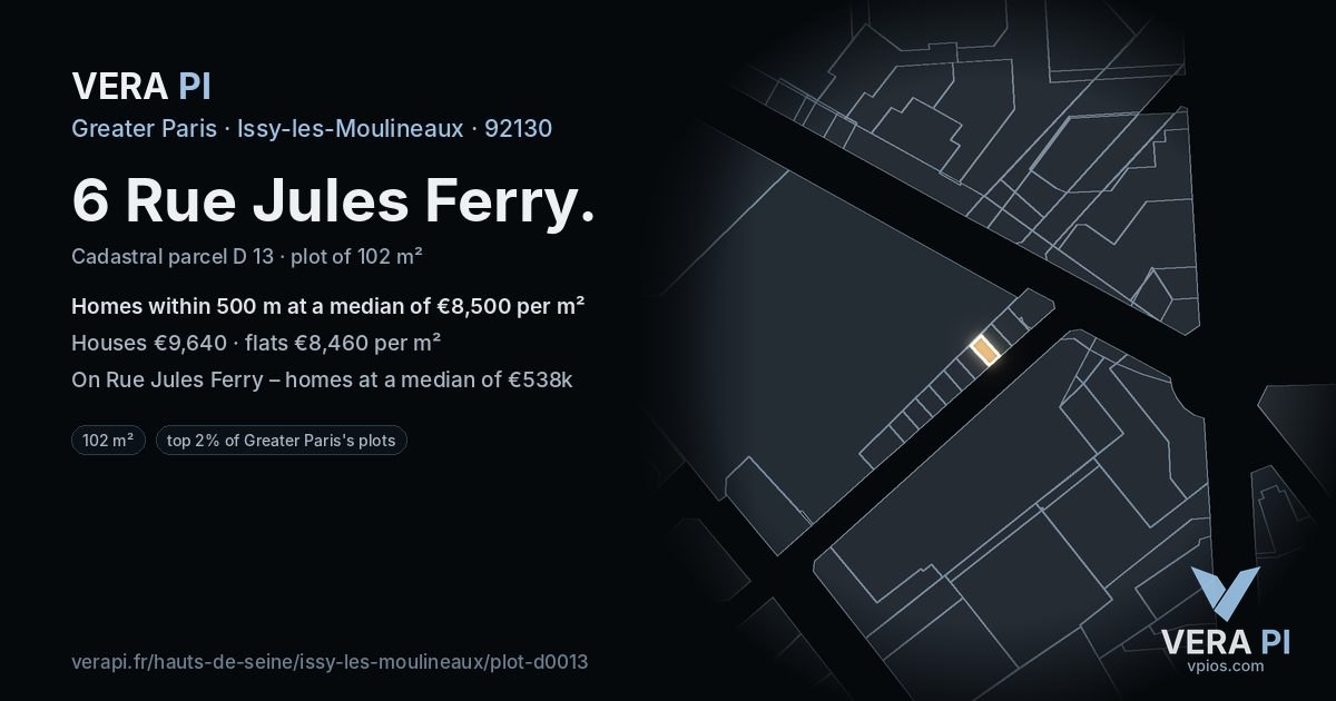 6 Rue Jules Ferry, Issy-les-Moulineaux at night – the plot lit, the parcels around coloured by the prices near them