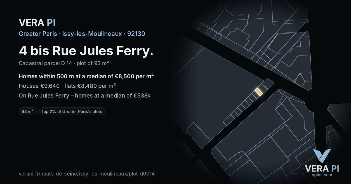4 bis Rue Jules Ferry, Issy-les-Moulineaux at night – the plot lit, the parcels around coloured by the prices near them