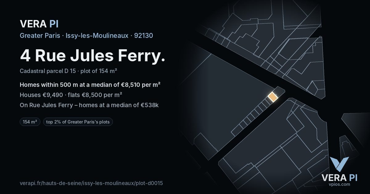 4 Rue Jules Ferry, Issy-les-Moulineaux at night – the plot lit, the parcels around coloured by the prices near them