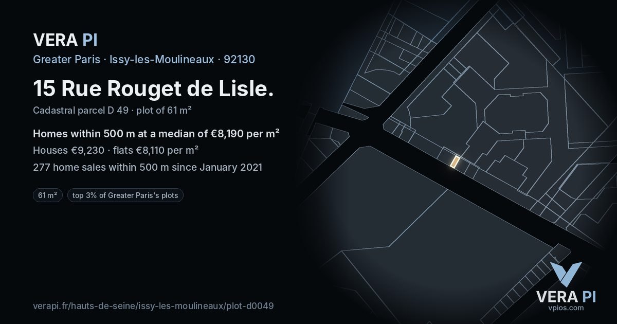 15 Rue Rouget de Lisle, Issy-les-Moulineaux at night – the plot lit, the parcels around coloured by the prices near them
