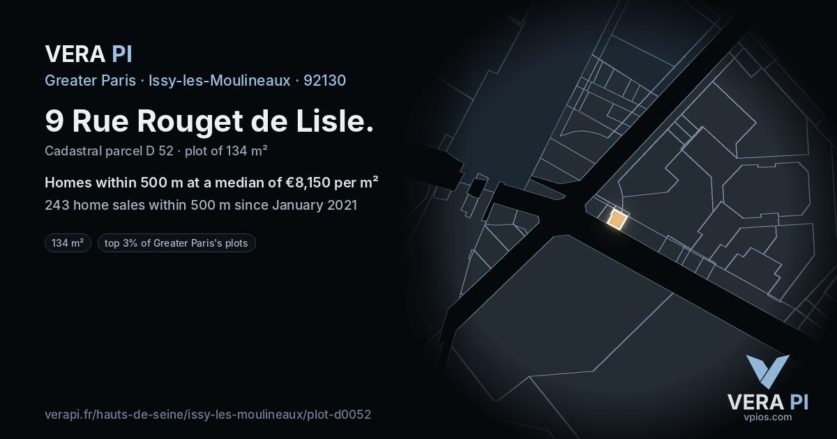 9 Rue Rouget de Lisle, Issy-les-Moulineaux at night – the plot lit, the parcels around coloured by the prices near them