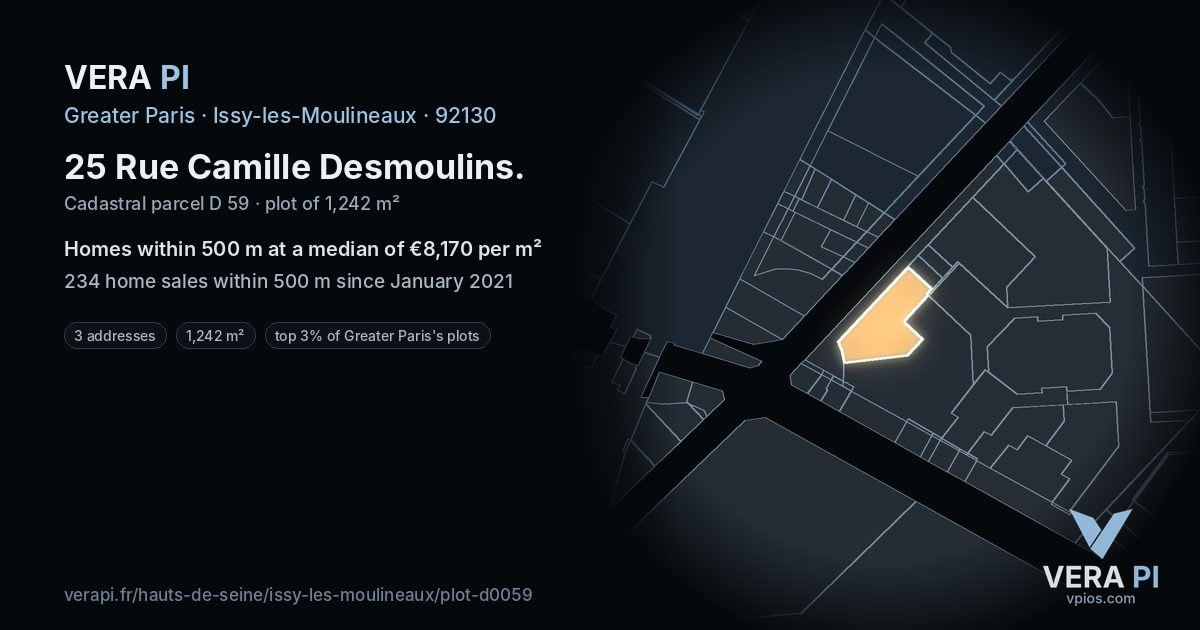 25 Rue Camille Desmoulins, Issy-les-Moulineaux at night – the plot lit, the parcels around coloured by the prices near them