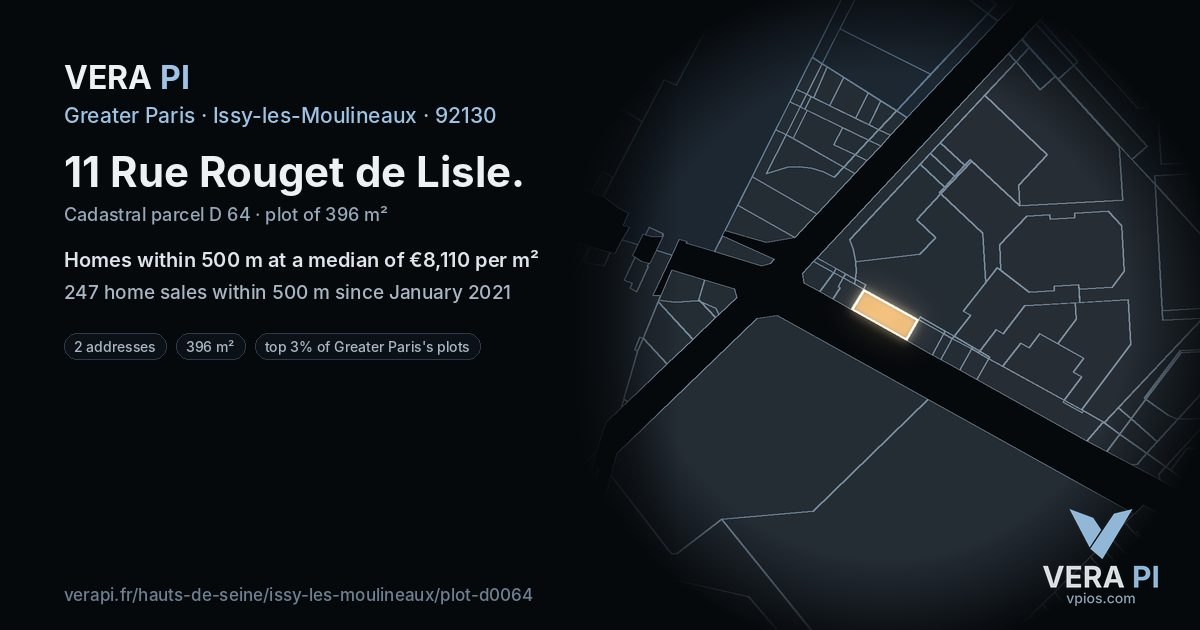 11 Rue Rouget de Lisle, Issy-les-Moulineaux at night – the plot lit, the parcels around coloured by the prices near them