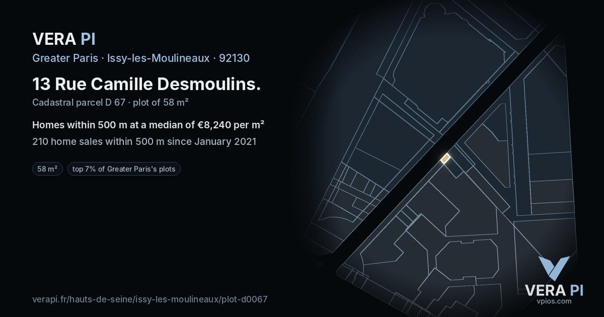 13 Rue Camille Desmoulins, Issy-les-Moulineaux at night – the plot lit, the parcels around coloured by the prices near them