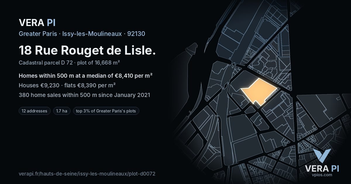 18 Rue Rouget de Lisle, Issy-les-Moulineaux at night – the plot lit, the parcels around coloured by the prices near them